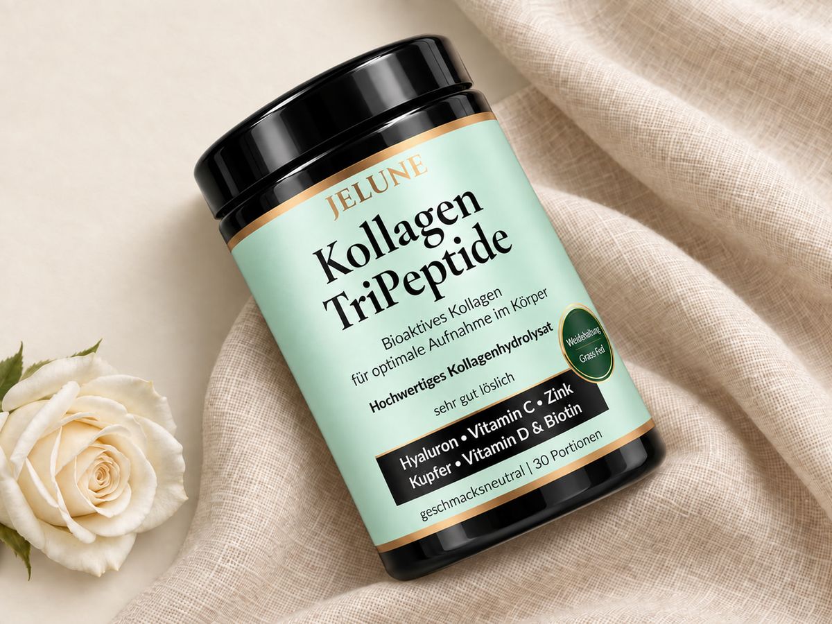 JELUNE Kollagen TriPeptide auf cremefarbenem Leinen mit weißer Rose und hellem Elfenbeinhintergrund