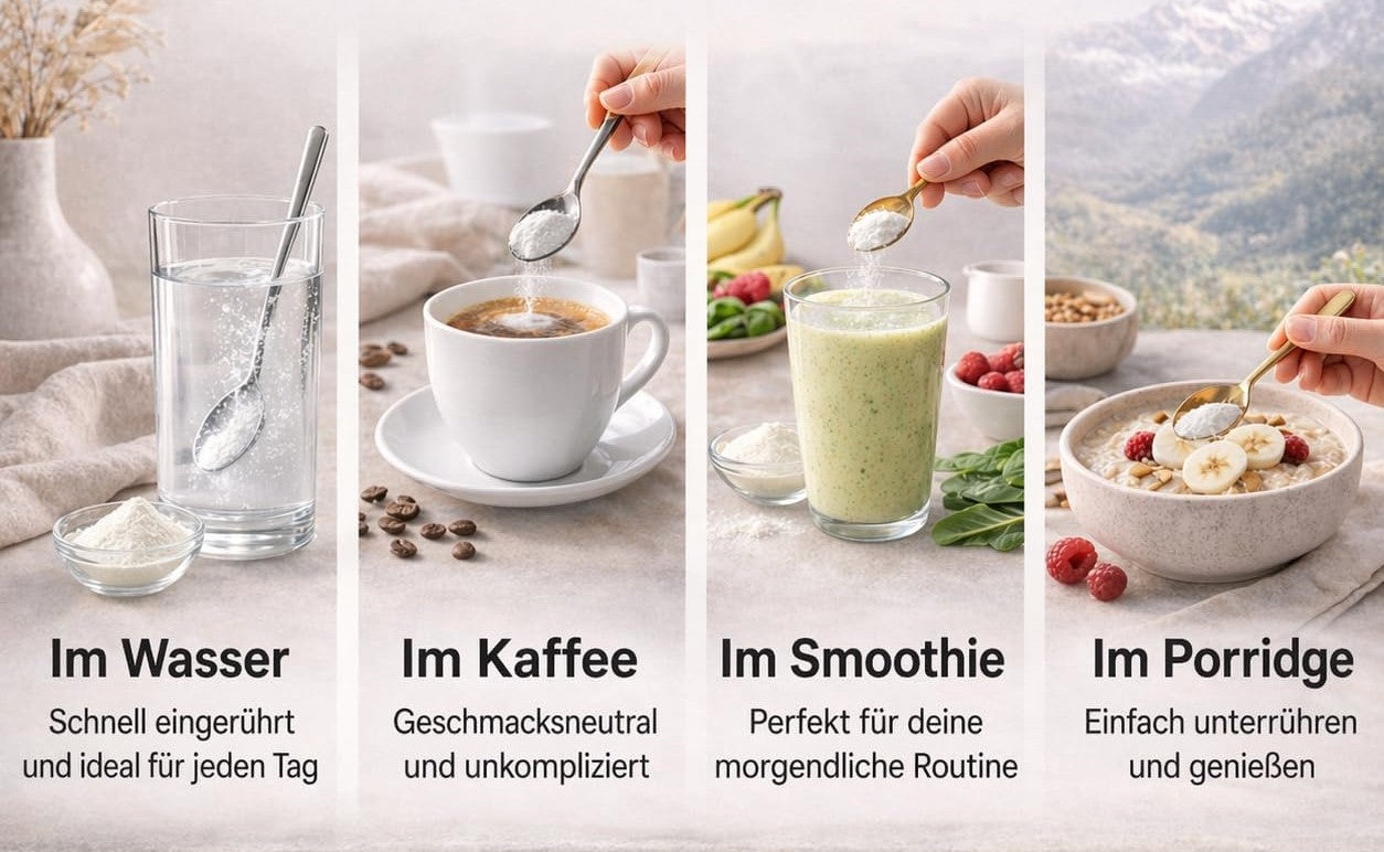 JELUNE eingerührt im Wasser, im Kaffee, im Smoothie und im Porridge