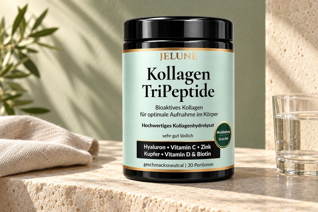 JELUNE Kollagen TriPeptide auf hellem Naturstein mit Wasserglas und Leinen im warmen Licht